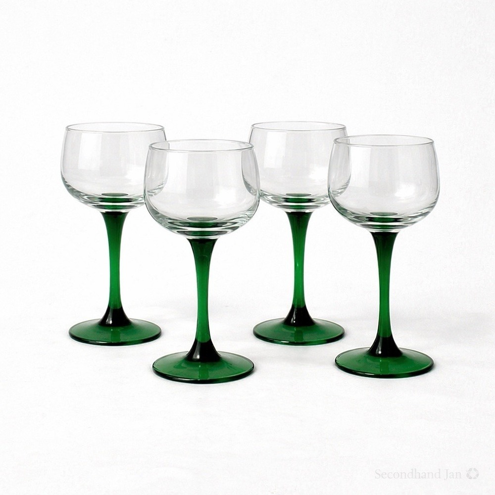 Vintage 70s Luminarc Wine‎ Glasses Emerald Green Stem Made in France Set Of 4
